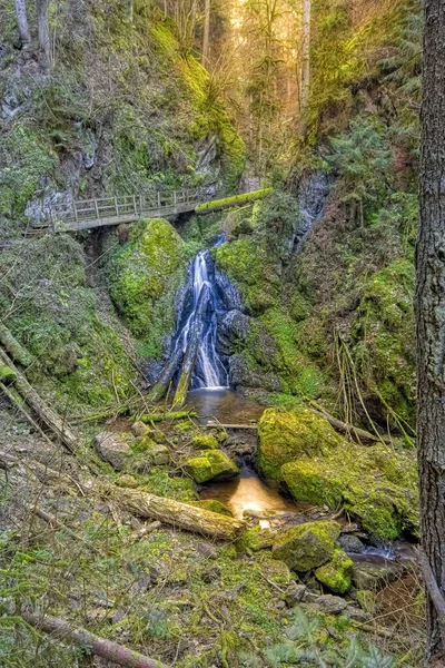 Cascade Lotenbachklamm Avec Pont Bois Dans Gorge Wutach Dans Forêt — Photo