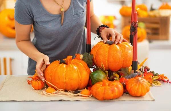 Young Woman Lighting Candles Kitchen Decorated Halloween Many Pumpkins Table — Stock Photo, Image
