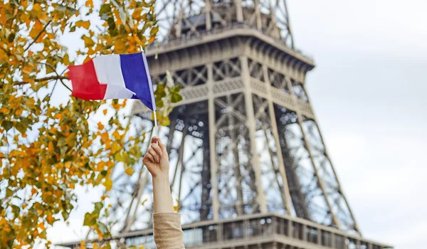 Mujer turista sonriente en el terraplén en París, Francia bandera ascendente —  Fotos de Stock