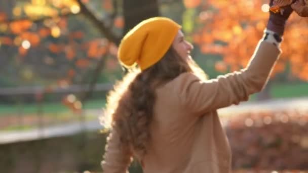 Hello October Smiling Middle Aged Woman Brown Coat Yellow Hat — Stock Video