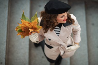 Merhaba sonbahar. Sonbaharda şehir caddesinde, güz sarısı yaprakları olan bej renkli trençkotlu ve siyah bereli mutlu zarif kadının üst manzarası..