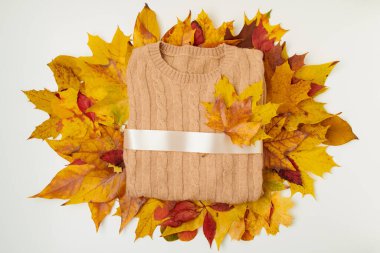 Merhaba Kasım ayı. Süveter ve yapraklar beyaz arkaplanda sonbahar arkaplanı.