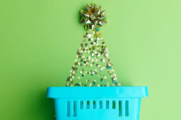Feliz Natal Flat Lay Com Árvore Christmass Cesta Compras Fundo — Fotografia de Stock