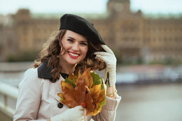 11月だ ベージュトレンチコートを着た若い女性と秋に街の外に黄色の葉で黒いベレー帽 — ストック写真