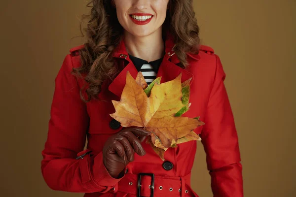9月だ 幸せな中年女性上の閉鎖で革手袋と黄色の秋のカエデの葉でブロンズ背景 — ストック写真