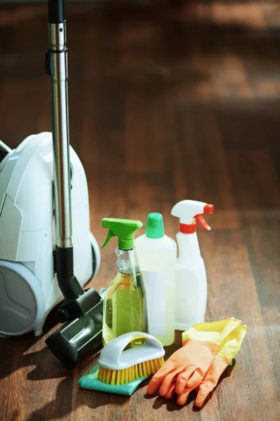 掃除機 掃除機 ゴム手袋 床にブラシとクリーニング布 — ストック写真