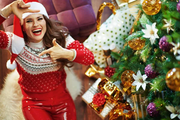 圣诞快乐 穿着红毛衣 头戴圣诞礼帽 手捧圣诞树和礼品盒的快乐女人的上图 — 图库照片