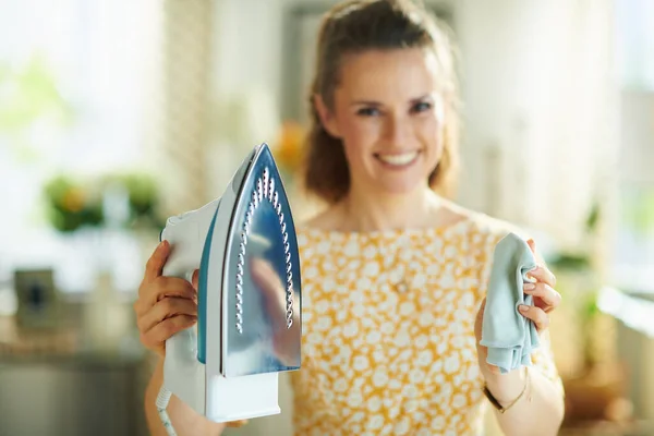 Happy Modern Female Yellow Dress Cleaning Iron Cloth Modern Living — Stock Photo, Image