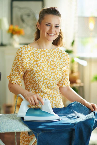Happy Young Female Yellow Dress Modern Home Sunny Day Ironing — Stock Photo, Image