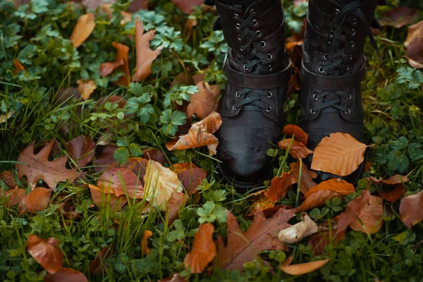 Hallo Herbst Großaufnahme Einer Frau Die Herbst Stiefeln Auf Dem — Stockfoto