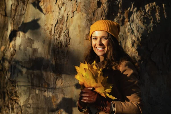 9月だ ベージュコートの現代的な中年女性とオレンジの帽子を笑顔秋に市公園の屋外で巨大な木に対して黄色の葉 — ストック写真