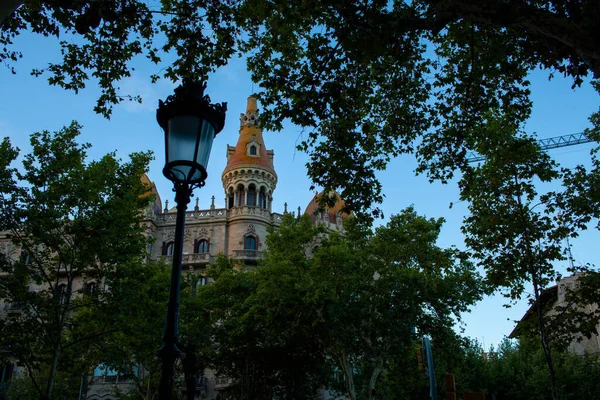 西班牙巴塞罗那街道上的路灯和树叶照片 — 图库照片