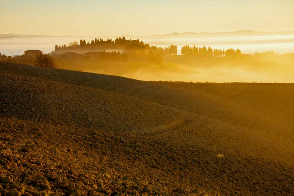 landscape with agricultural field, hills and fog in Tuscany, Italy in autumn at sunrise.