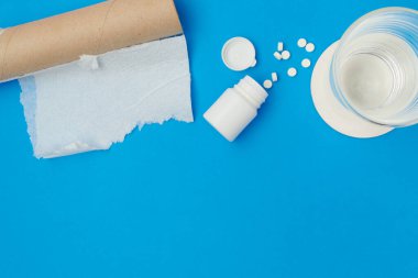flat lay with toilet paper tubes, pills and glass of water on blue background.
