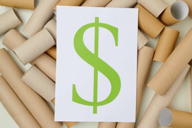 flat lay with dollar symbol, toilet paper tubes and paper sheet.