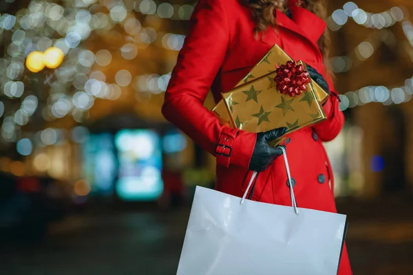 Diversión Invierno Primer Plano Mujer Viajera Mediana Edad Abrigo Rojo — Foto de Stock