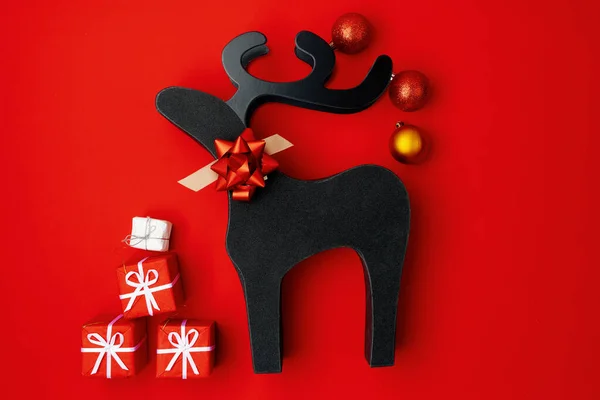Flat Lay Christmas Ball Christmas Reindeer Present Box Red Background — Fotografia de Stock