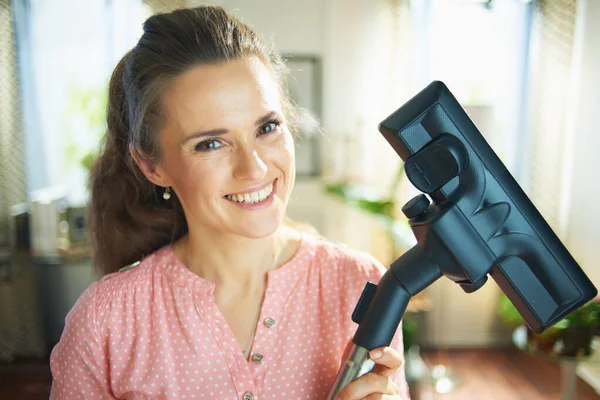 Portrait Happy Years Old Woman Blouse White Pants Vacuum Cleaner — Stock Photo, Image