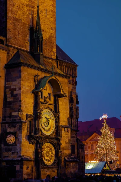 Paysage Avec Place Vieille Ville Horloge Astronomique Arbre Noël Prague — Photo