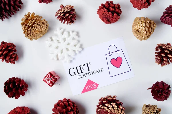 Winter Flat Lay Snowflake Gift Certificate Conifer Cones Present White — 스톡 사진