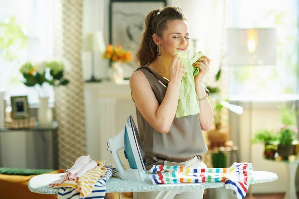 Lächelnde Jährige Frau Seidenbluse Und Beiger Hose Mit Dampfbügeleisen Und — Stockfoto