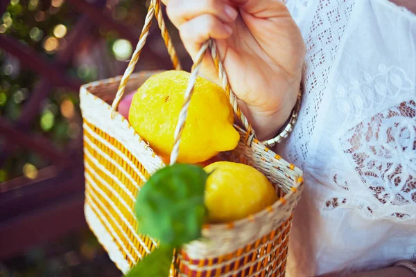 Closeup Woman Local Farm Fruits Basket Patio — Stock Photo, Image