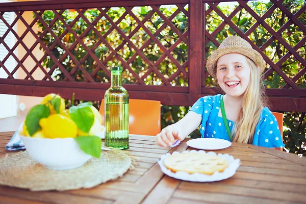 Smiling Trendy Child Blue Overall Hat Green Bottle Lemonade Plate — Stock Photo, Image