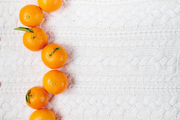 Winter Flat Lay Mandarins White Knitted Background — Stock Photo, Image