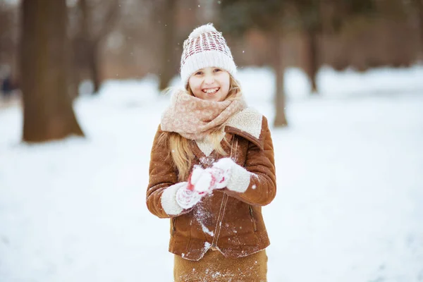 Portrait Smiling Stylish Girl Mittens Knitted Hat Sheepskin Coat Playing — Stock Photo, Image