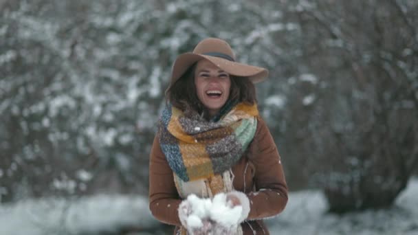 Mujer Elegante Sonriente Sombrero Marrón Bufanda Con Manoplas Abrigo Piel — Vídeo de stock