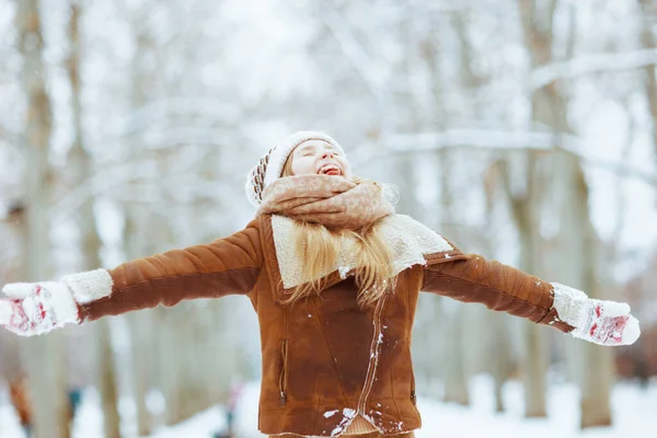 Smiling Stylish Child Knitted Hat Sheepskin Coat Mittens Open Arms — Stock Photo, Image