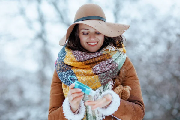 Kırk Yaşındaki Zarif Kahverengi Şapkalı Eşarplı Kadın Kışın Şehir Parkında — Stok fotoğraf