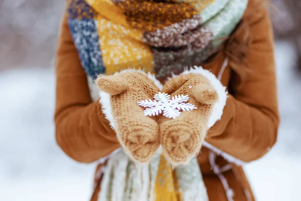 茶色の帽子とスカーフで女性を閉じ 冬には羊の皮のコートでミトンと雪のフレークを屋外で市公園で — ストック写真