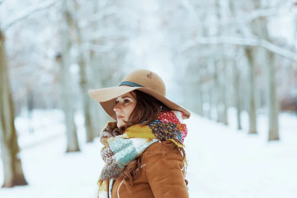 Wanita Tahun Yang Bahagia Dengan Topi Coklat Dan Syal Luar — Stok Foto