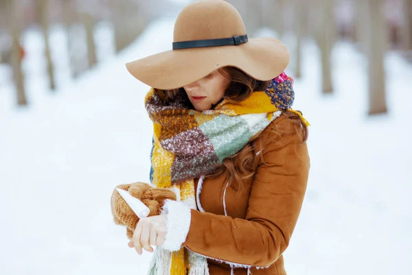 公园外穿着棕色帽子和围巾 头戴手套 身穿羊皮外套的现代女性正在使用护手霜 — 图库照片