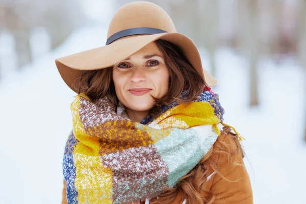 Portrait Femme Élégante Souriante Âge Moyen Chapeau Brun Écharpe Extérieur — Photo