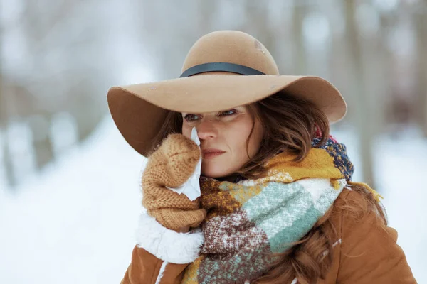 公园里 穿着棕色帽子和围巾 头戴手套 身穿羊皮外套的时尚女性在户外出现 — 图库照片