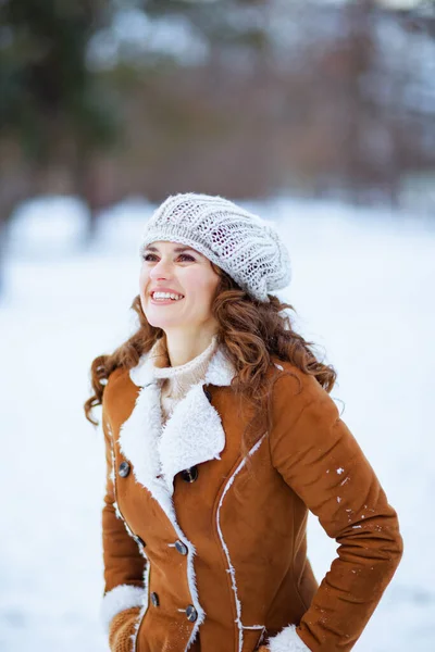 Lächelnde Moderne Frau Winter Stadtpark Mit Strickmütze Und Schaffellmantel — Stockfoto