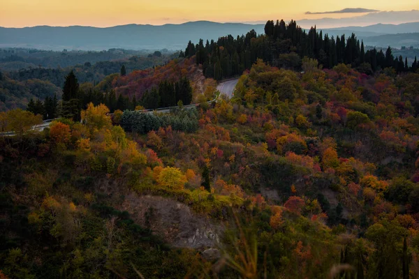 Ландшафт Холмами Лесом Тоскане Италия Осенью Восходе Солнца — стоковое фото