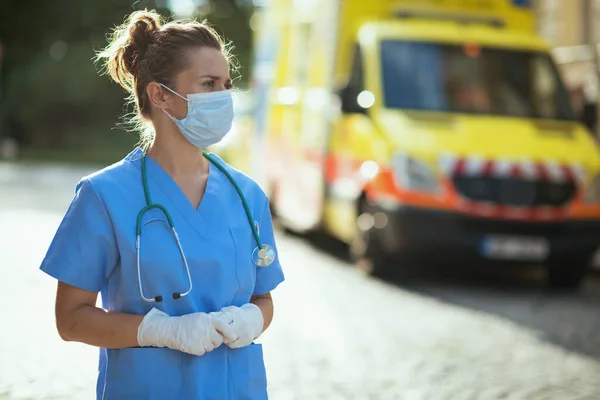 Covid Pandemic Pensive Modern Medical Doctor Woman Uniform Stethoscope Medical — Stock Photo, Image