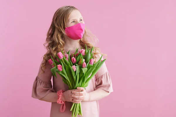 Modern Child Long Wavy Blond Hair Tulips Bouquet Pink Mask — Stock Photo, Image
