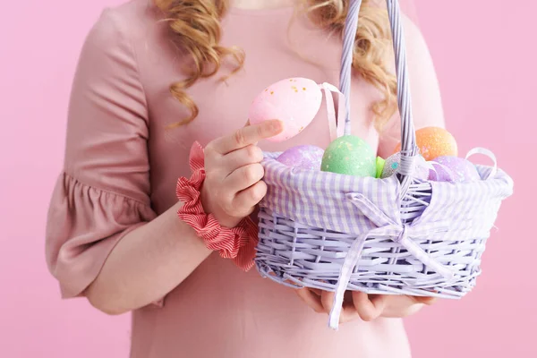 Closeup Modern Child Long Wavy Blond Hair Basket Easter Eggs — Stock Photo, Image