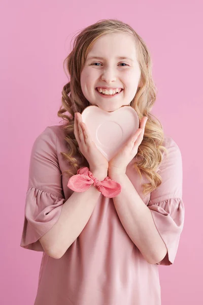 Smiling Stylish Child Long Wavy Blond Hair Heart Shape Saucer — Stock Photo, Image