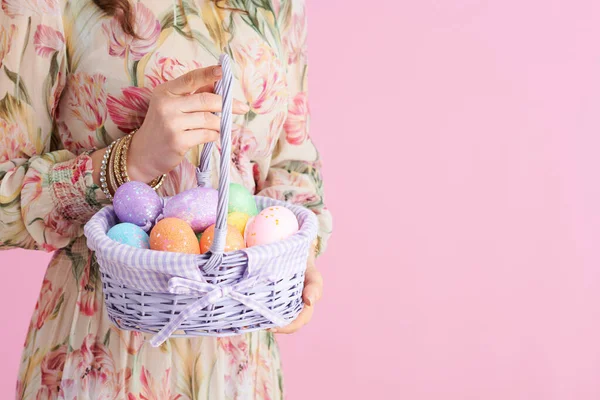 Closeup Female Basket Easter Eggs Pink Background — Stock Photo, Image