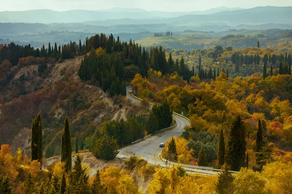 Krajobraz Wzgórzami Lasem Drogą Toskanii Włochy Jesienią — Zdjęcie stockowe
