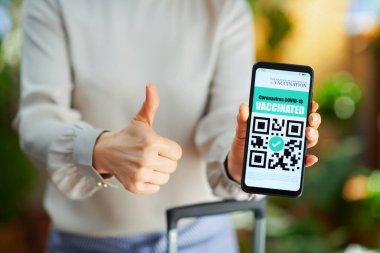 Covid-19 salgını sırasında seyahat et. Gündüz vakti modern bir evde akıllı telefonu, pasaport uygulaması ve tekerlek çantası olan genç bir kadına yakın çekim..