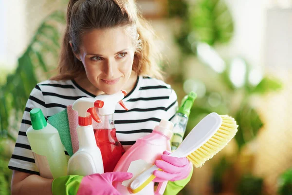 Pensive Years Old Woman Striped Shirt Cleaning Supplies Modern House — Stock Photo, Image