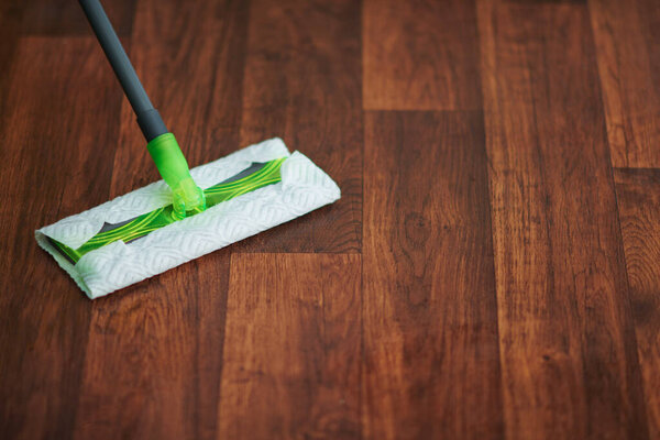Household time. Closeup on mop and floor in the modern living room