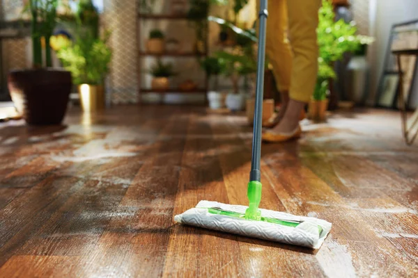 Closeup Woman Mop Doing Housekeeping Home Sunny Day — Stock Photo, Image