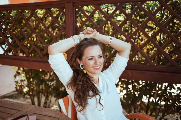 Relaxed Years Old Housewife White Shirt Sitting Table Terrace — Stock Photo, Image